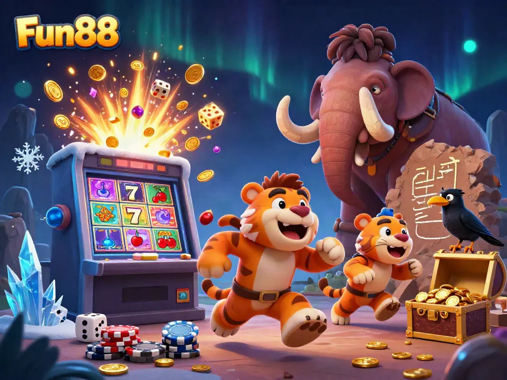 Experience the thrilling Fun88 casino world with cavemen, a sabertooth tiger, and a clever crow!