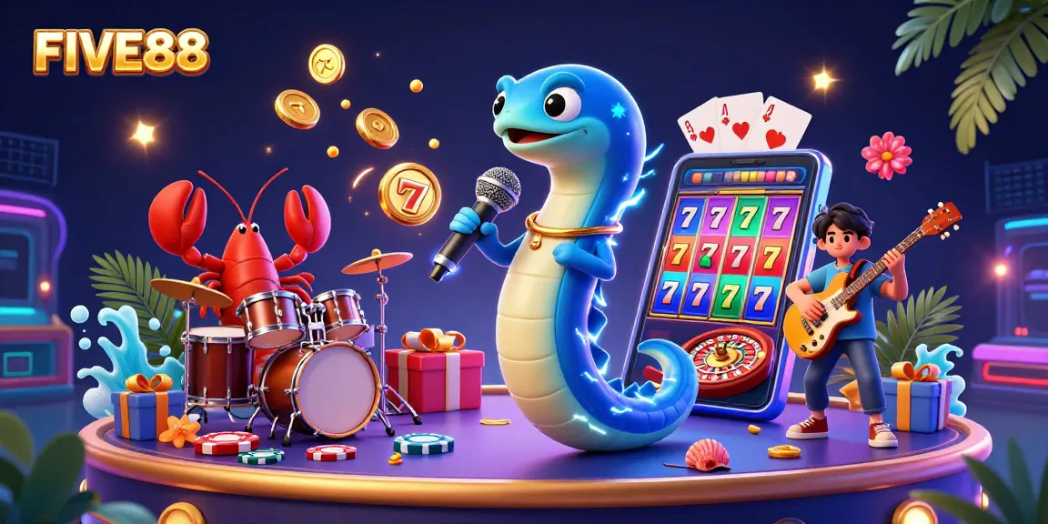 Engage and win with FIVE88’s vibrant gaming atmosphere showcasing an electric eel DJ at an underwater casino.