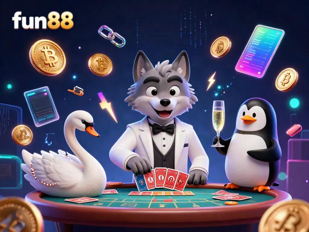 Engage with the vibrant link fun88 world featuring a debonair wolf, elegant swan, and penguin in a casino scene.