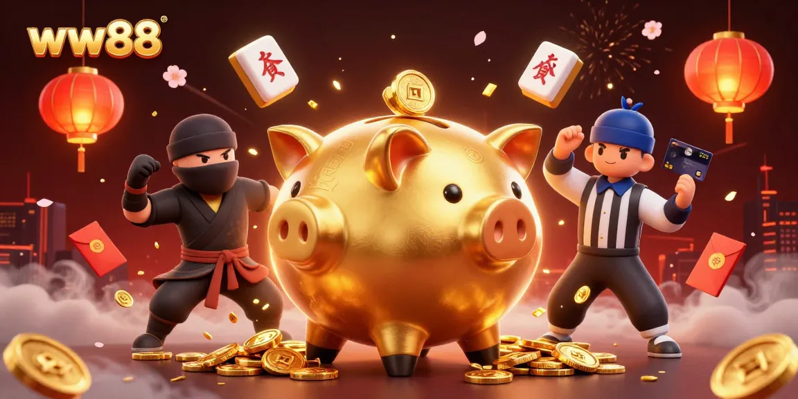 Win big at ww88 with a lively illustration featuring a golden piggy bank sumo wrestler surrounded by vibrant gaming elements.