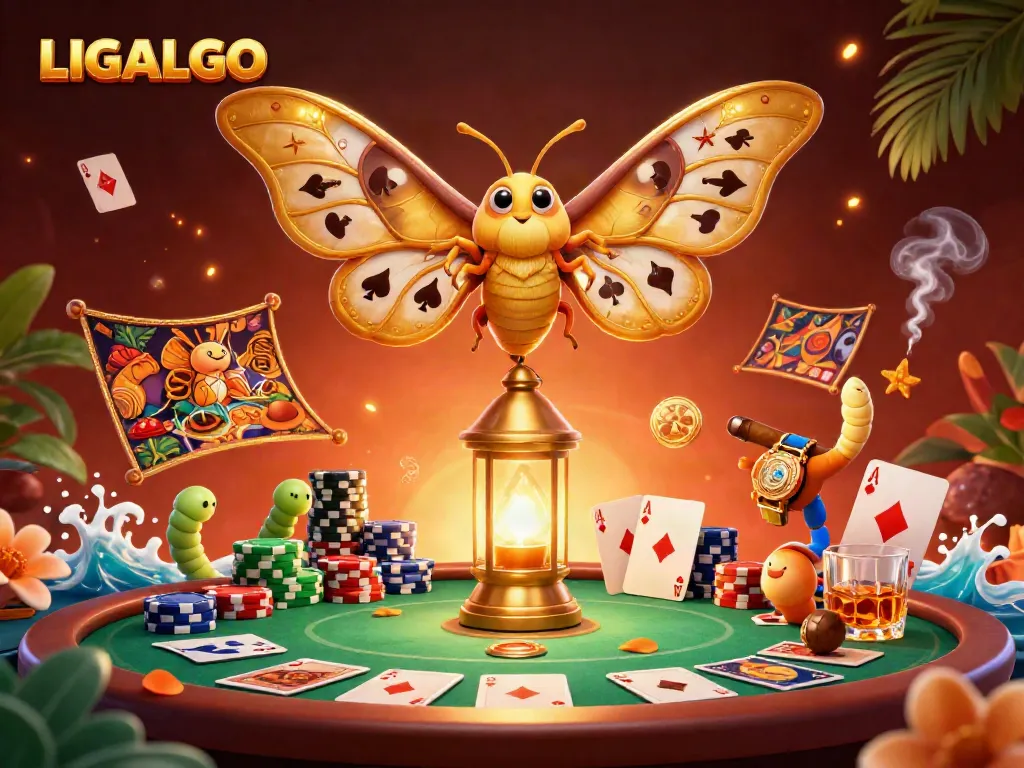 Experience the excitement of LIGALGO with a vibrant illustration showcasing poker elements and golden designs.