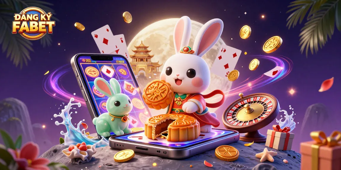 Engage in ĐĂNG KÝ FABET with vibrant 3D casino illustration featuring slot games and poker elements.