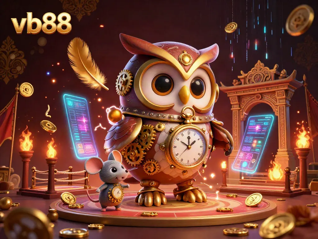 Engage with vb88's vibrant casino scene featuring a time-traveling owl and steampunk elements.