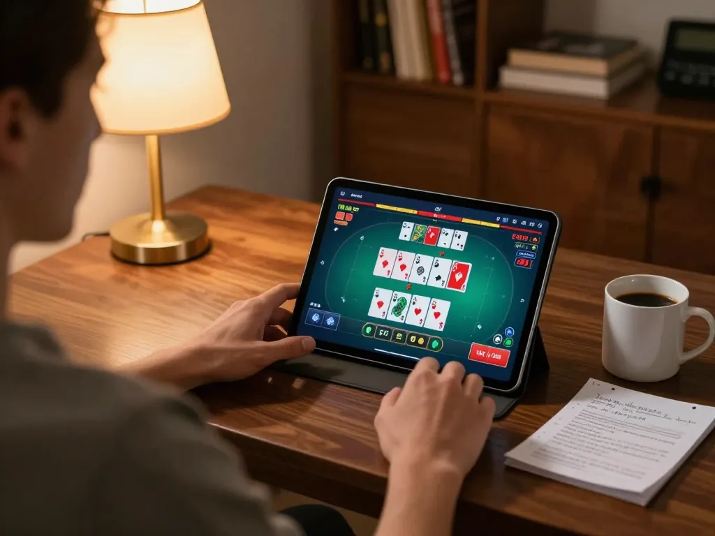 Engaging in online poker game strategy with 789win on tablet in cozy home setup.