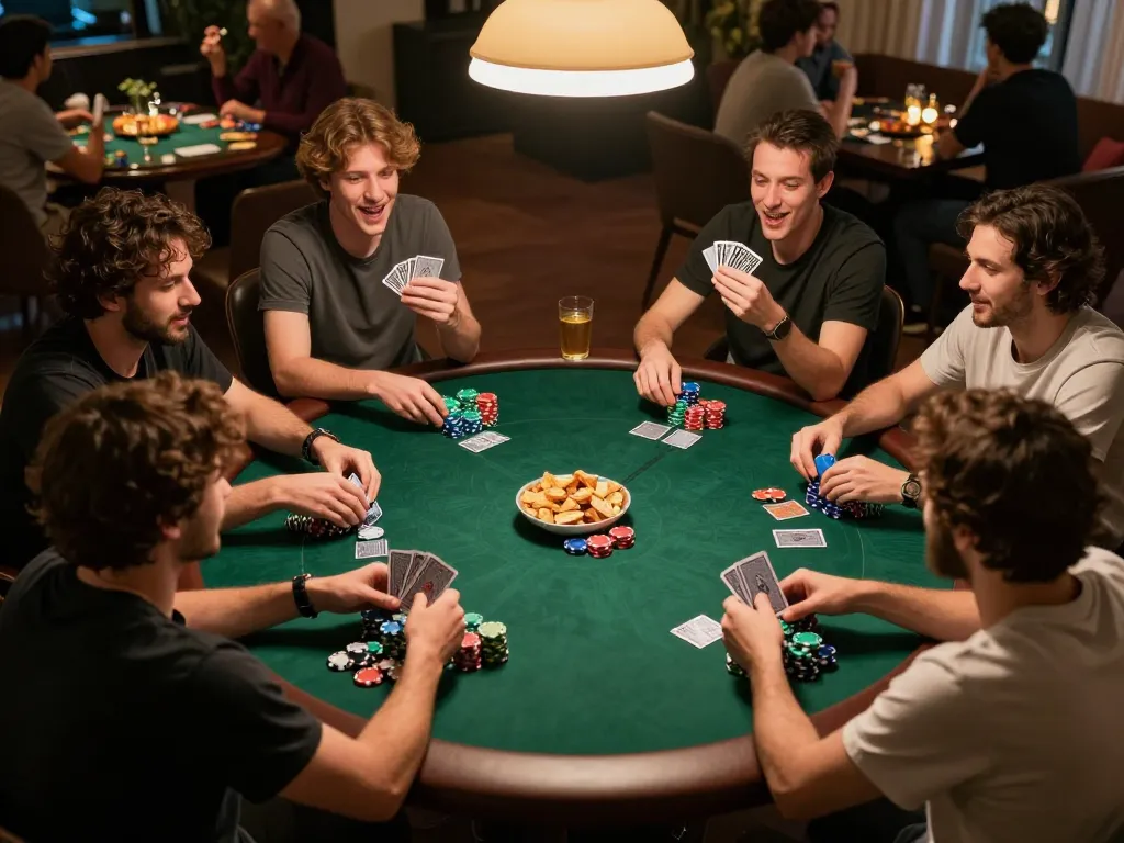 Paris poker night with friends, players engaged in strategy and excitement.