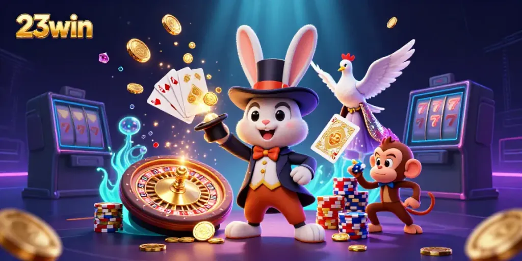 Engage with 23win's magical world of online gambling featuring vibrant characters, coin magic, and poker chips.