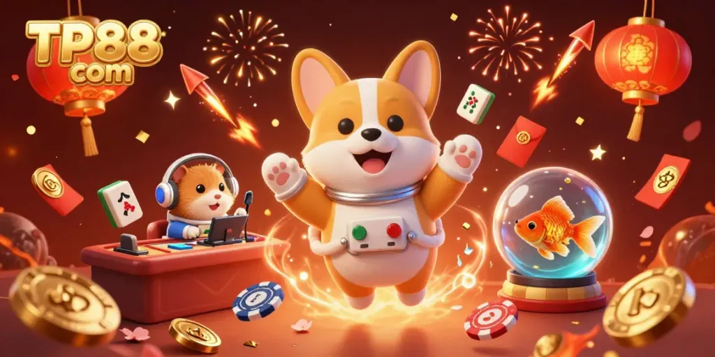 Engage with TP88 com's dynamic gaming scene featuring a floating corgi amidst vibrant casino elements.