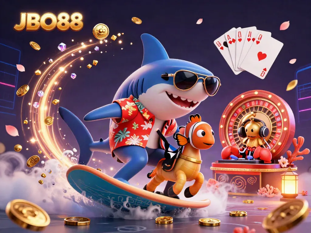 Experience the exciting world of JBO88 with a vibrant 3D casino scene featuring a surfing shark and colorful gaming elements.