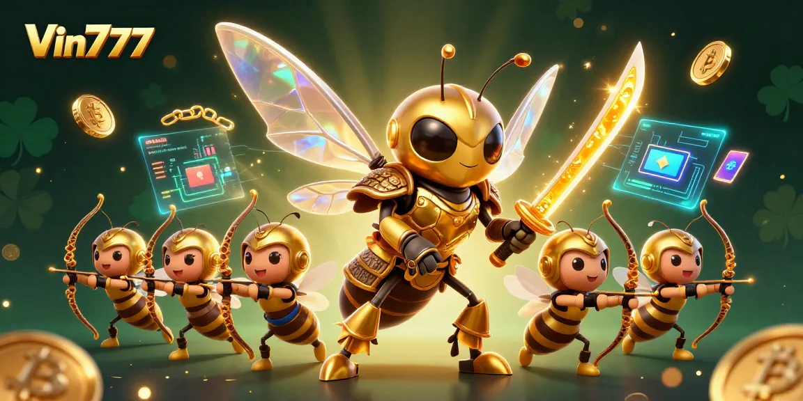 Experience thrilling action at Vin777 with a giant hornet and bee archers in a colorful casino scene.