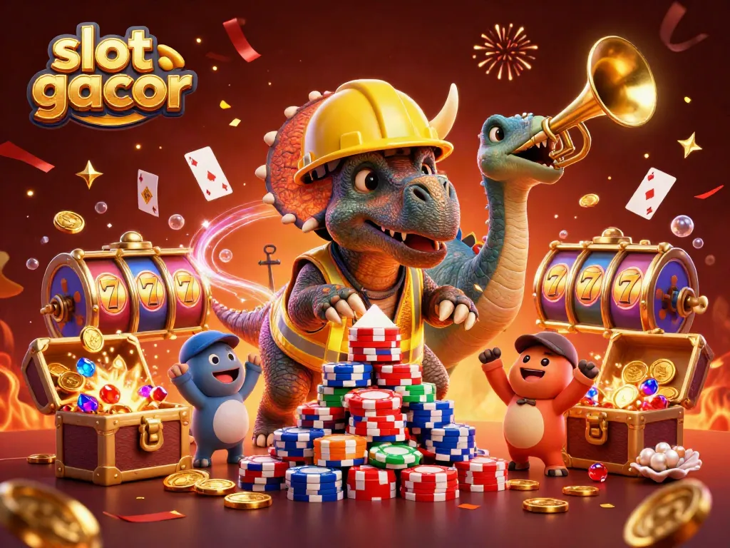 Celebrate winning at slot gacor with a vibrant scene of cartoon dinosaurs surrounded by poker chips.