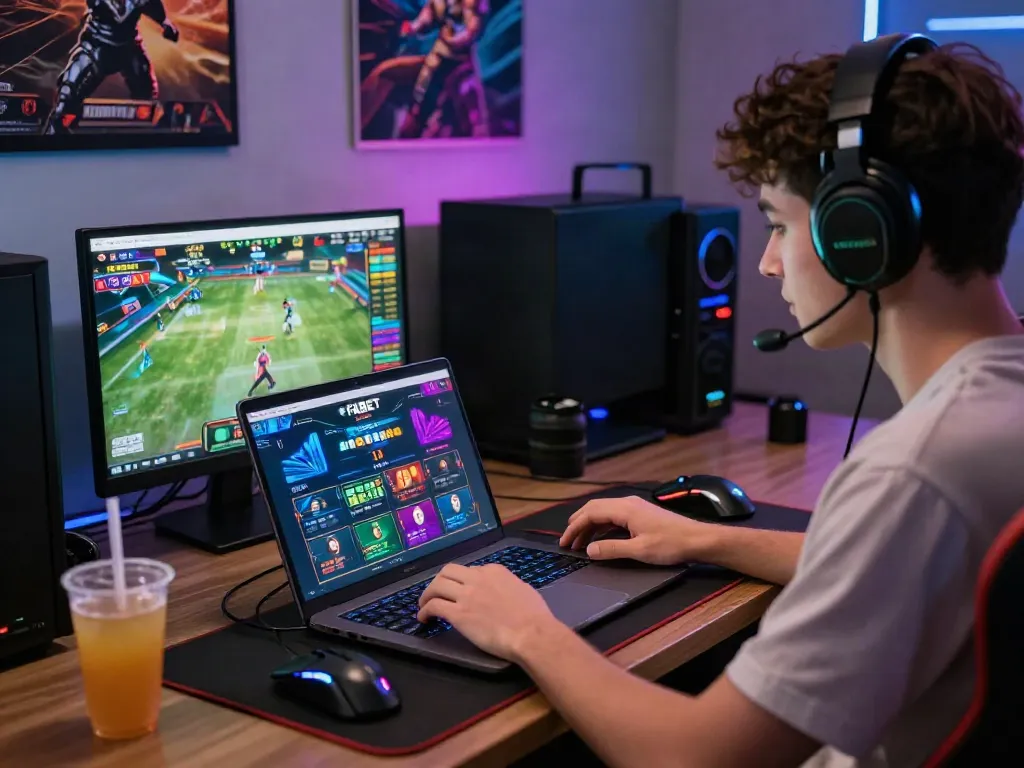 Dynamic gaming scene featuring a player on the FABET platform engaged in online betting.