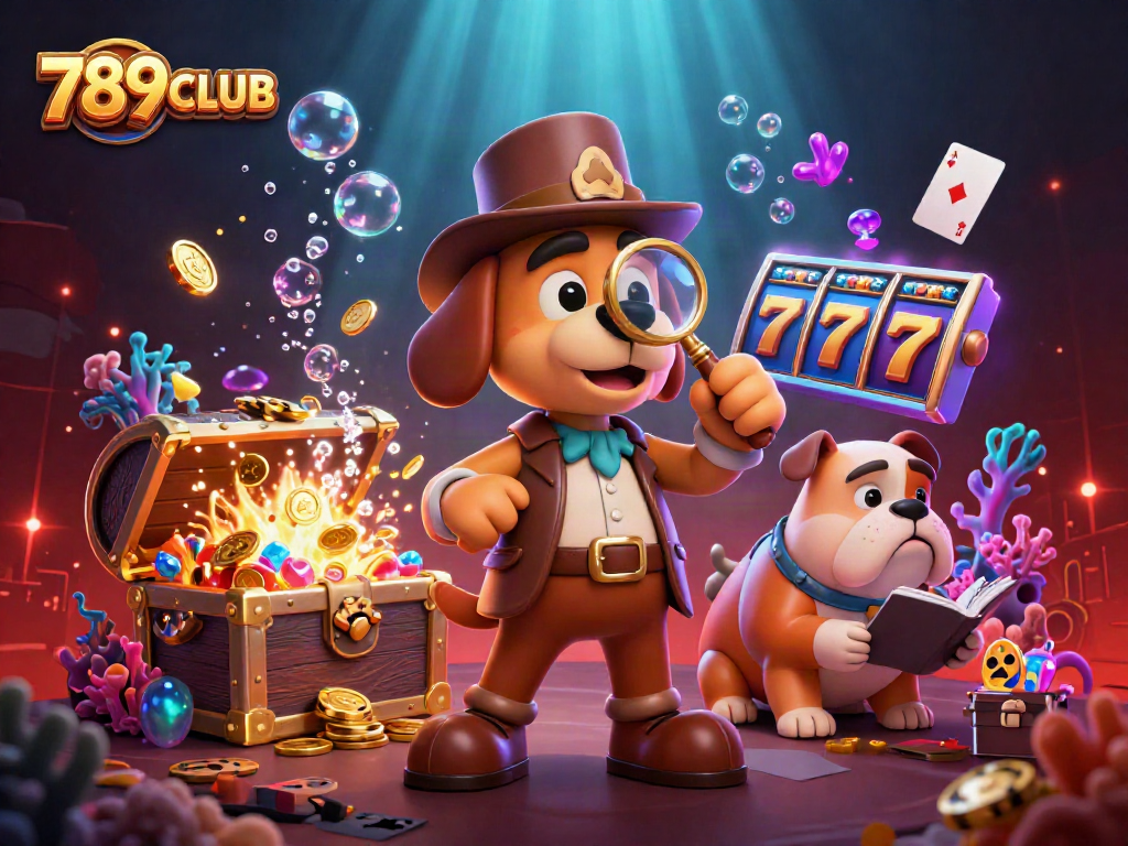 Engage with the thrilling world of 789CLUB, featuring witty detective characters amidst vibrant casino elements.