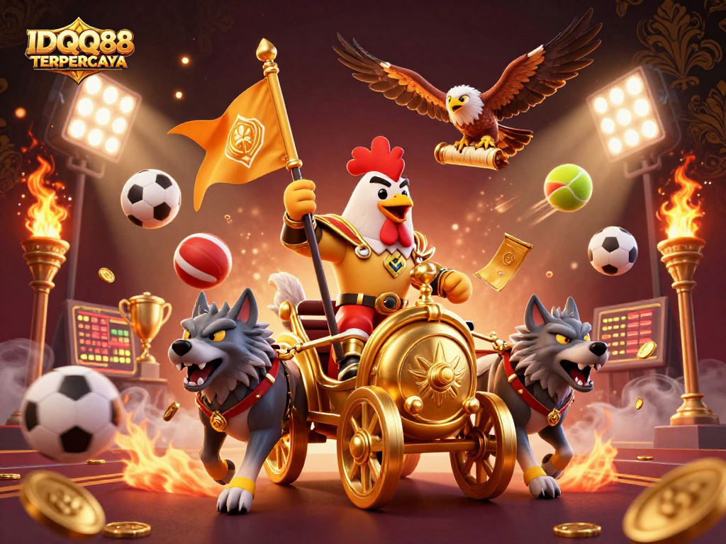 Engage with IDQQ88 TERPERCAYA in a dynamic 3D cartoon scene of a rooster warlord leading thrilling sports betting.