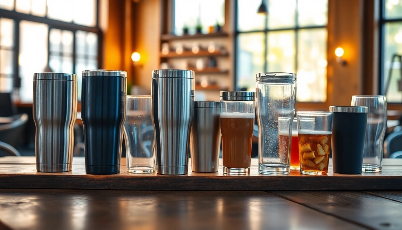Showcasing stylish tumblers in a cozy cafe setting with warm lighting and exquisite designs.