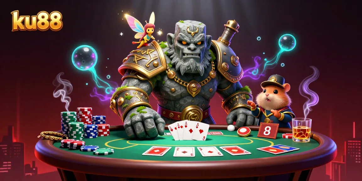 ku88 players enjoy a vibrant 3D fantasy casino scene with poker elements and fantasy characters