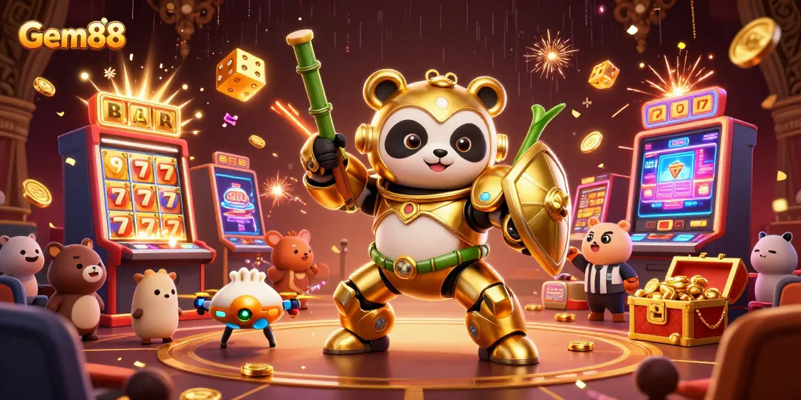 Experience thrilling action at Gem88 with a playful panda in a vibrant casino battle scene.