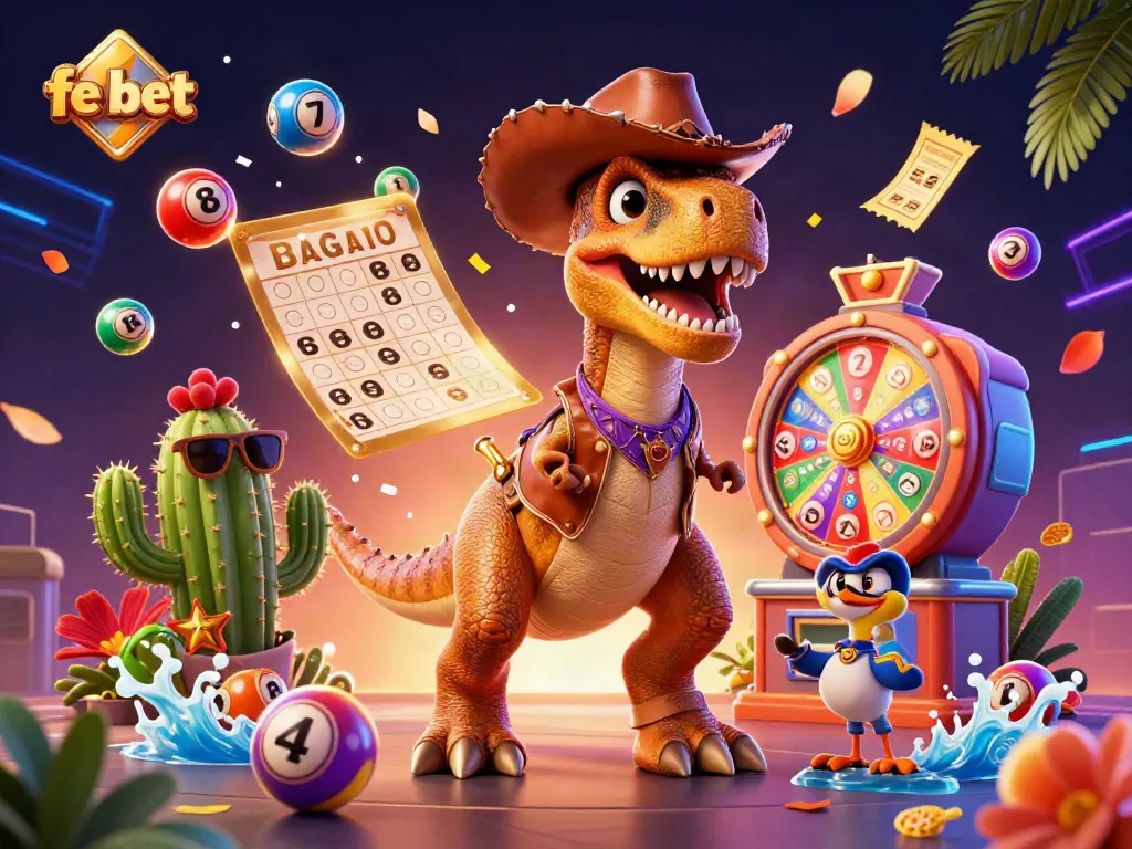 Experience the excitement of fe bet with a vibrant 3D casino scene featuring characters amidst gaming elements.