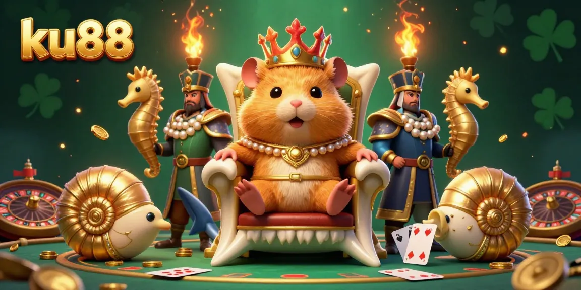 Experience the thrill of casino gaming with ku88's charming hamster king illustration, capturing vibrant casino action.