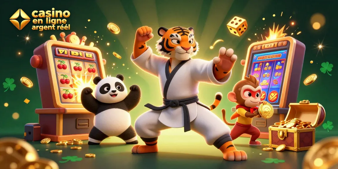 Jouer au casino en ligne argent réel avec un tigre kung fu et ses disciples dans une scène dynamique.
