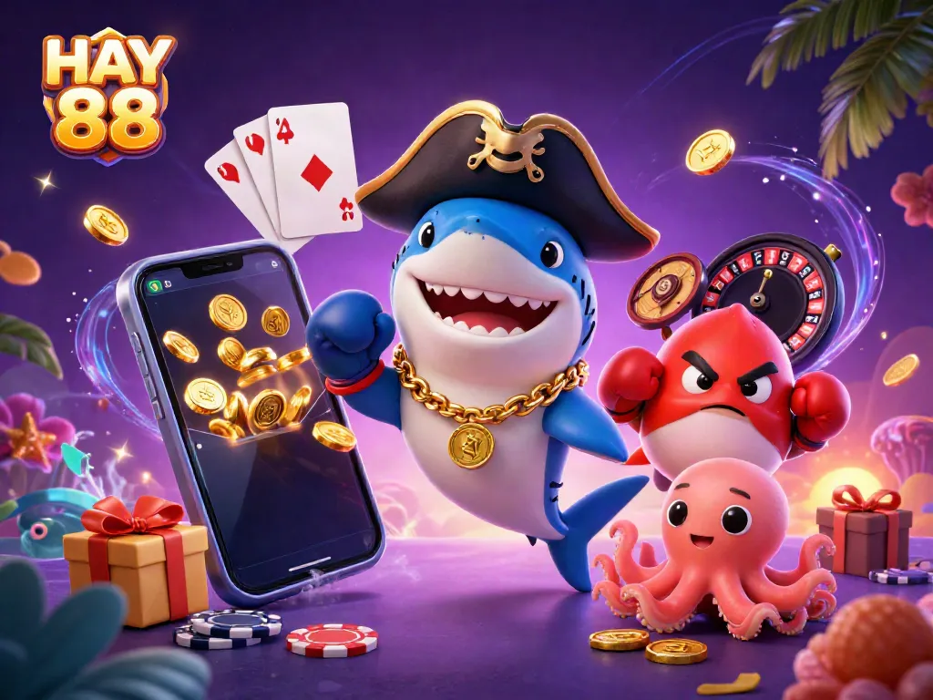 Experience thrilling slots with HAY 88 as a pirate shark and friends enjoy the underwater casino.