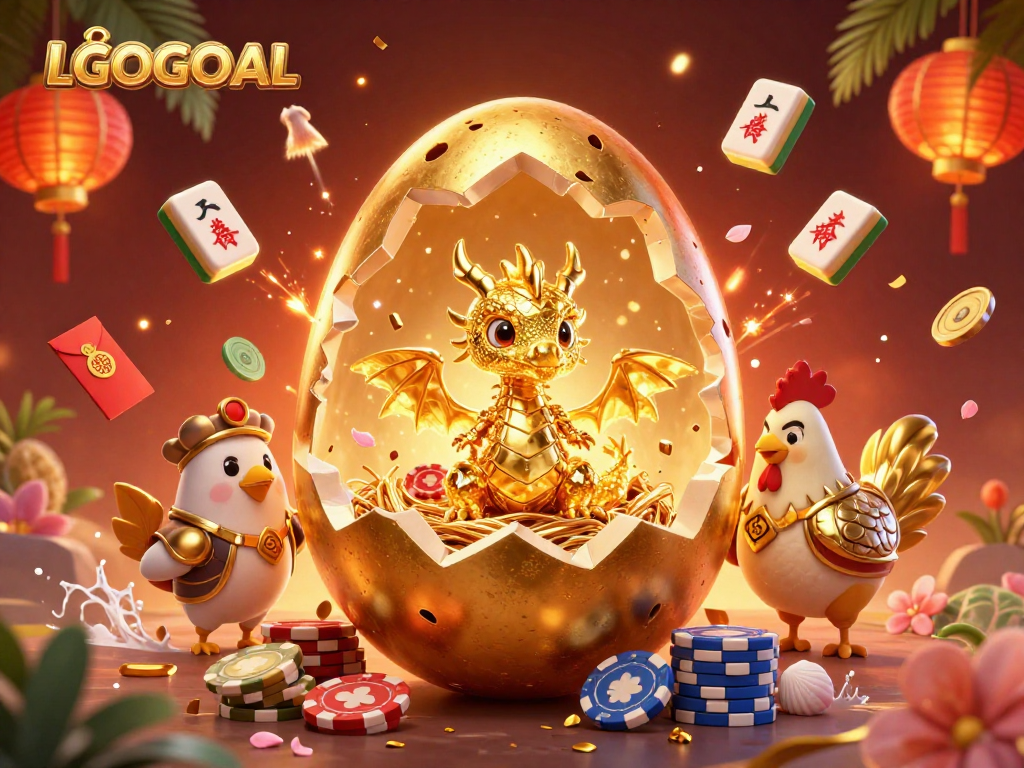 Engage with LGOGOAL's golden dragon mascot and poker chips amidst vibrant casino elements.