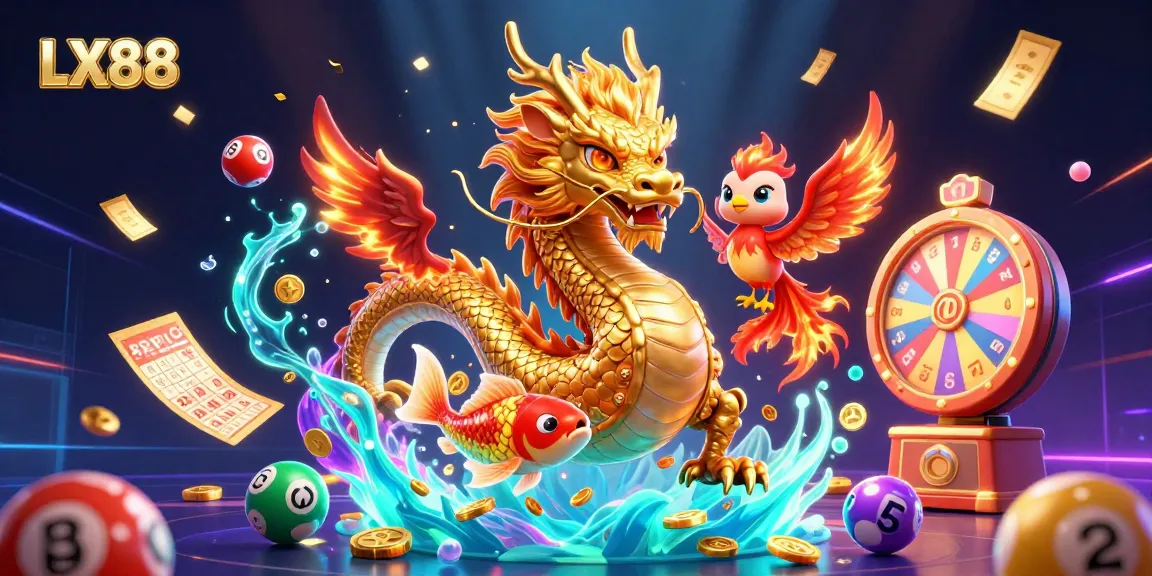 Experience thrilling gameplay at LX88 with a dynamic scene featuring a golden dragon, phoenix, and koi fish.
