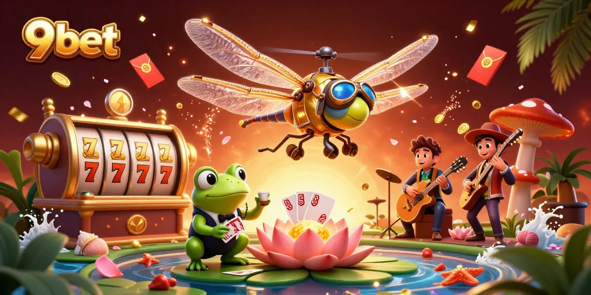 Engage with 9bet's vibrant casino illustration showcasing dynamic elements of gaming excitement.