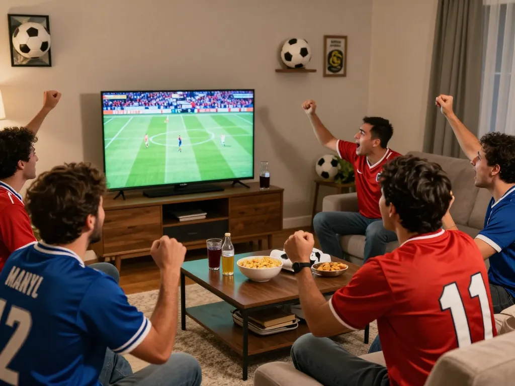 Fans enjoying an exciting match on luong son tv, cheering together in a cozy living room.