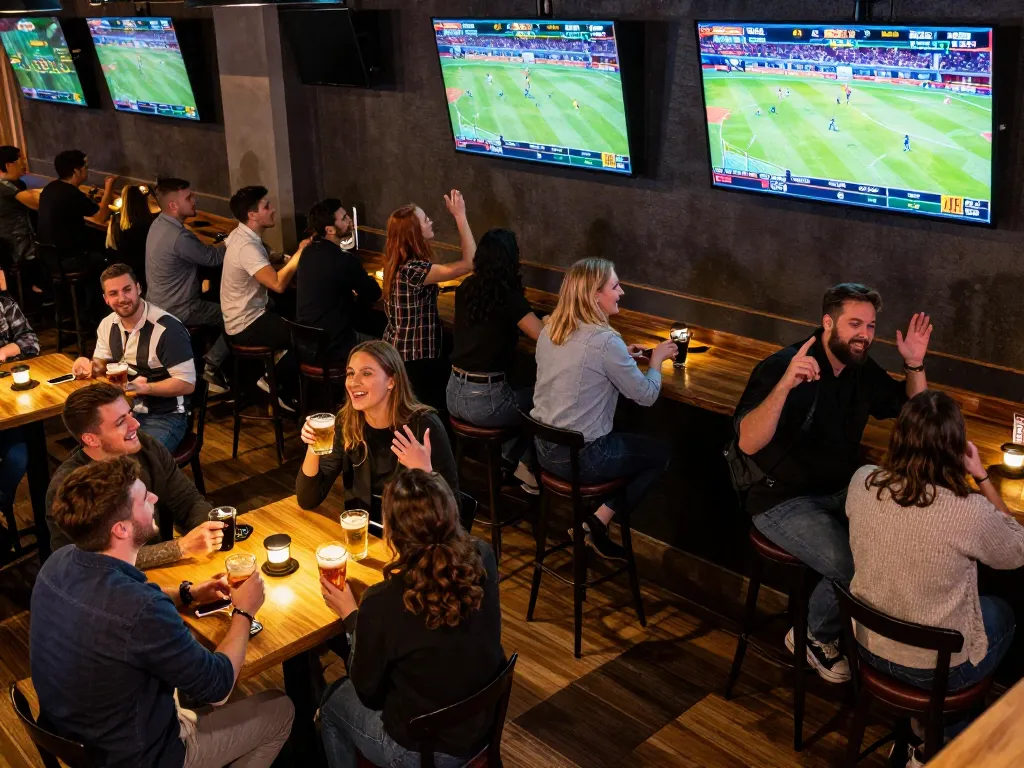 Fans engaging in sports betting at a lively bar, exemplifying nhà cái cá cược uy tín with live games on screens.