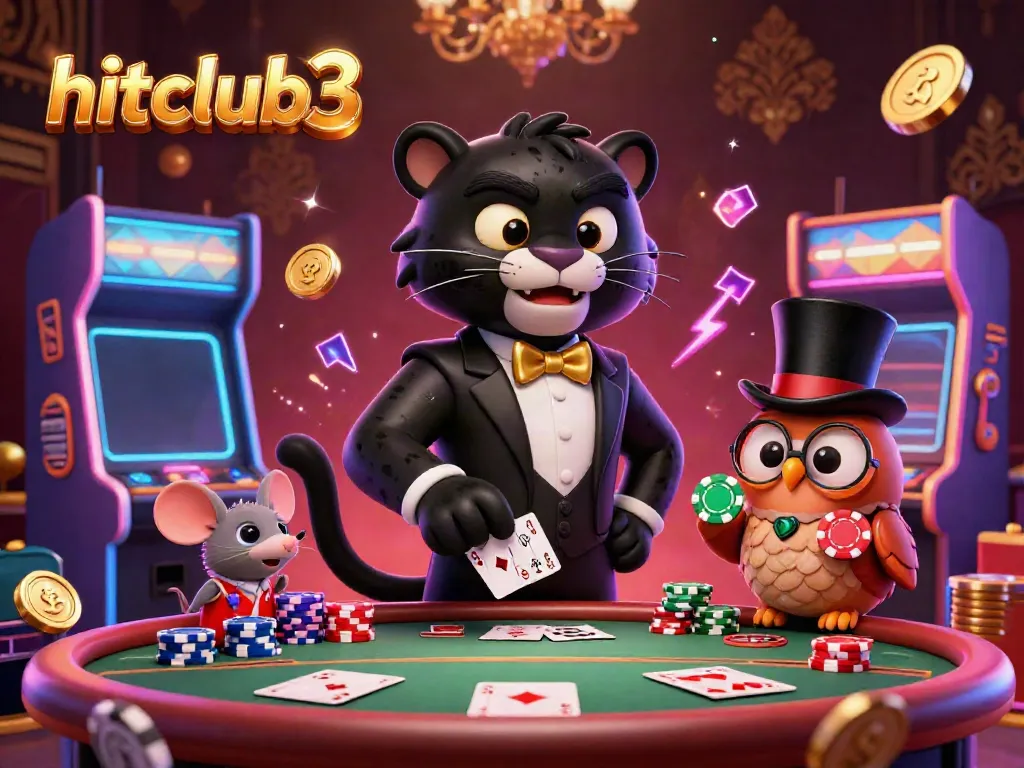 Experience the thrill at hitclub3 with a stylish panther dealing cards amidst stunning casino visuals.