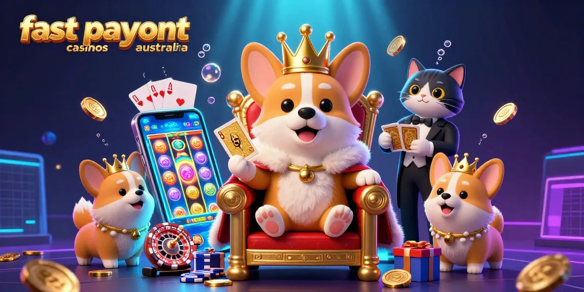 Experience fast payout casinos Australia with royal corgi and vibrant casino elements in captivating illustration.