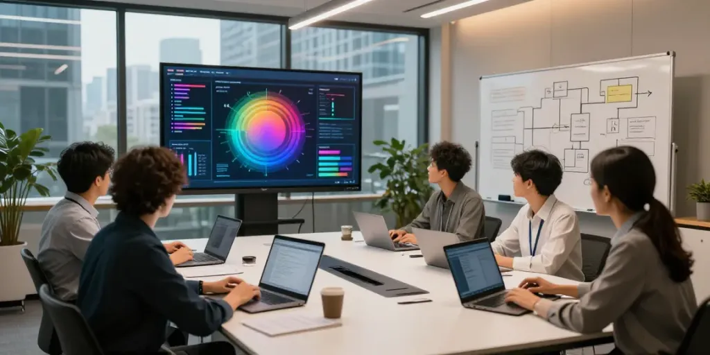 Enterprise AI team collaborating in a modern workspace, showcasing innovative technology and analytics.