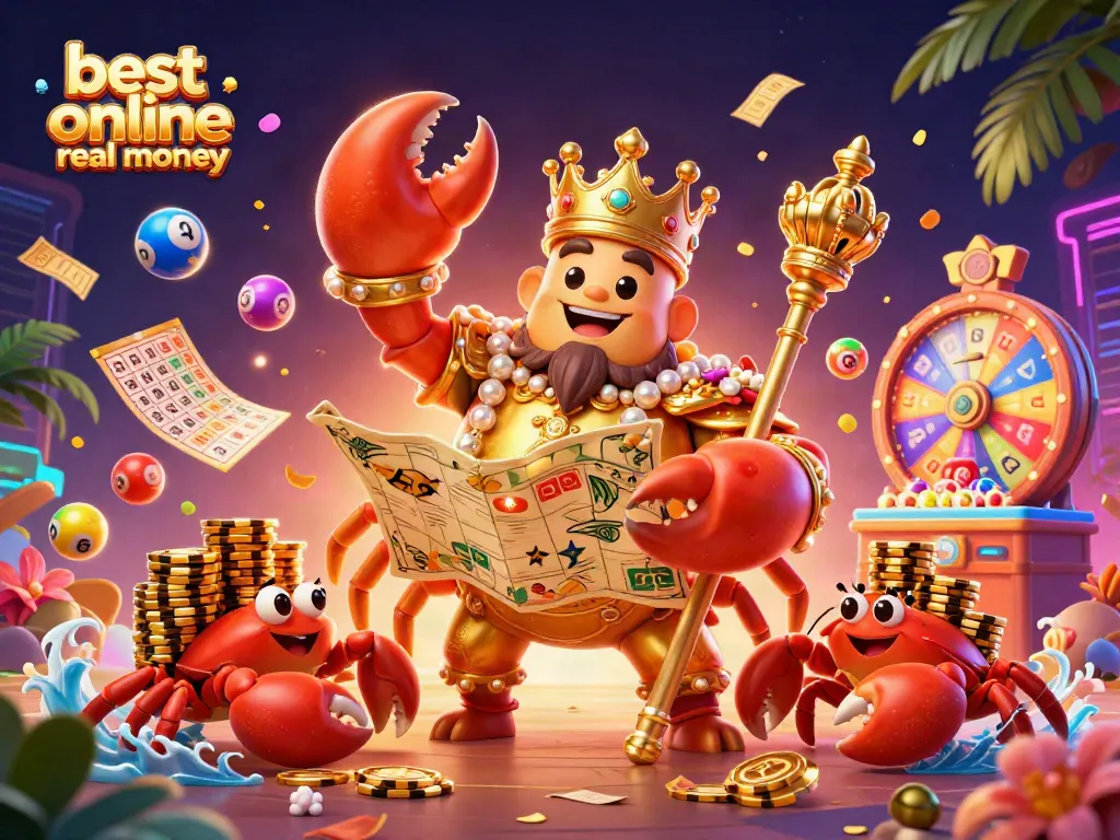 Join the royal crab emperor in vibrant illustrations celebrating the best online casino real money experience.
