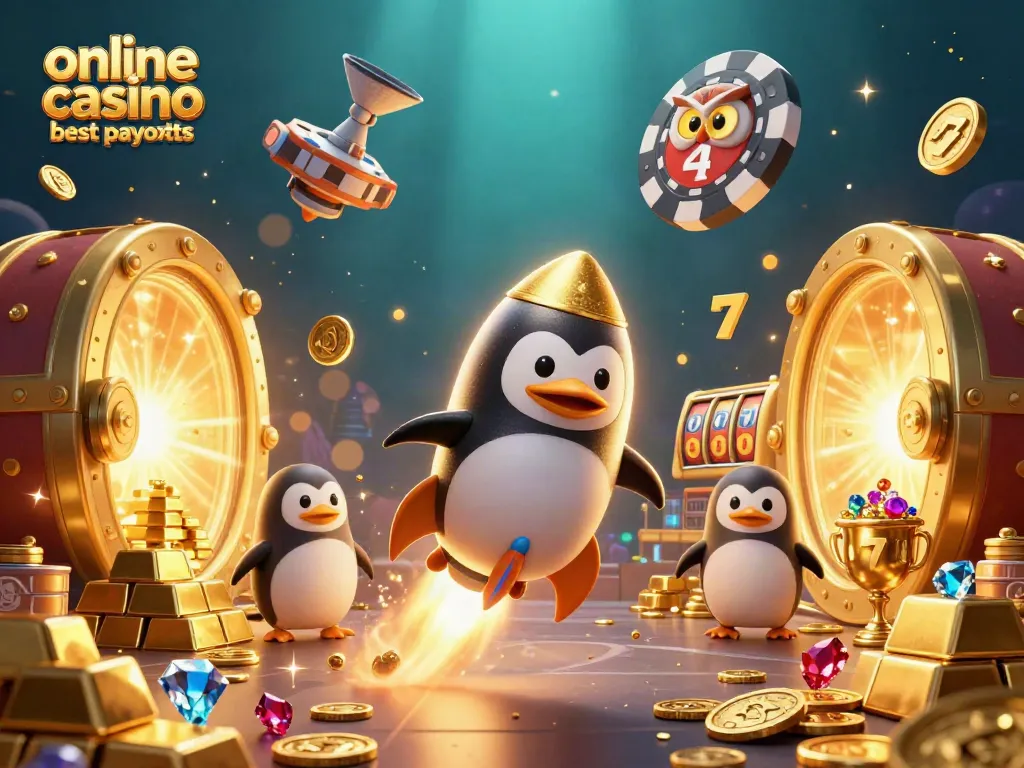 Explore online casino best payouts with 3D penguin racing towards a casino chip, surrounded by golden treasures.