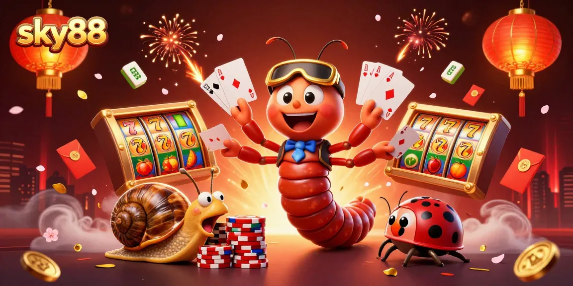 Sky88 casino illustration showcasing vibrant characters, slot reels, and dynamic gambling action for an engaging experience.