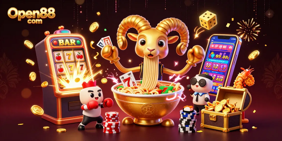 Join the fun at Open88 com with a vivid, energetic casino scene featuring colorful characters and games.