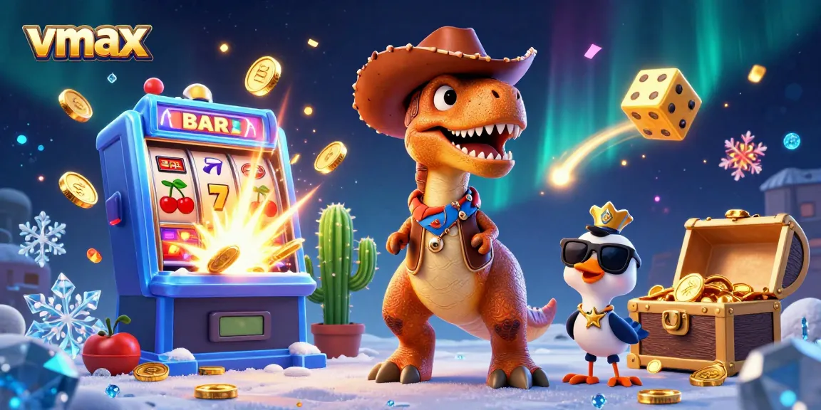 Join the fun with vmax at the dynamic casino, featuring a T-Rex and exciting slot machines!
