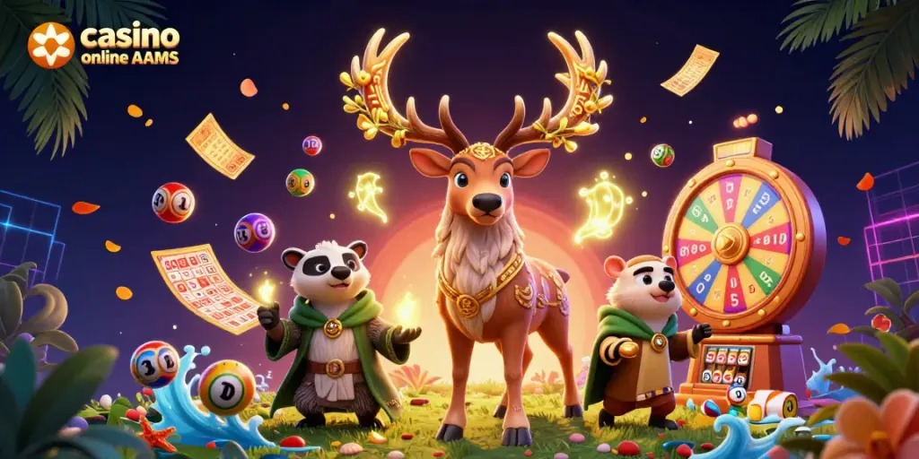 Gioca in casino online non AAMS con avatar magici e palline da lotteria colorate in un'illustrazione vivace.