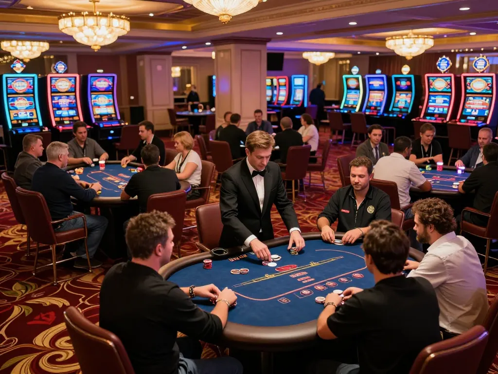 Engaged players at a cổng game uy tín in a luxurious casino environment, showcasing excitement and vibrant gameplay.