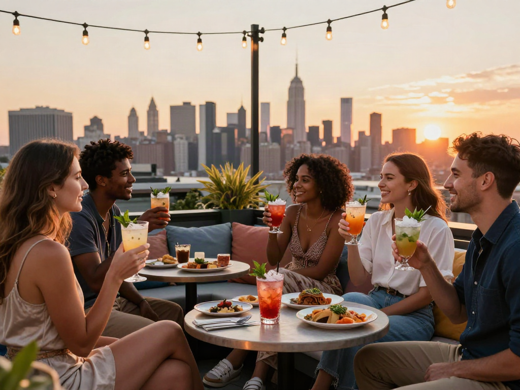 Rooftop dining experience at nohu with friends enjoying drinks and skyline views
