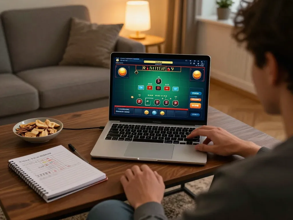 Engaging in online blackjack from home with 79king laptop, showcasing a lively gaming experience.
