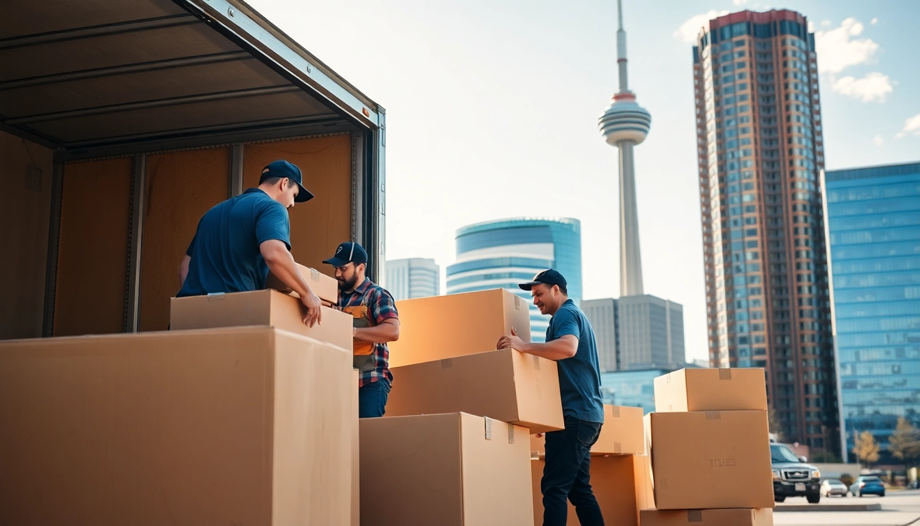 Calgary movers efficiently loading furniture into a truck with the city skyline in the background.