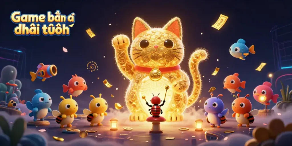 Engage in the exciting Game bắn cá đổi thưởng with a giant lucky cat waving amongst colorful sea-themed game elements.