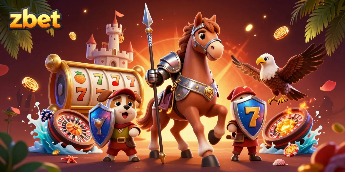 Engaging zbet illustration showcasing a medieval knight, squire puppy, and falcon with vibrant casino elements.