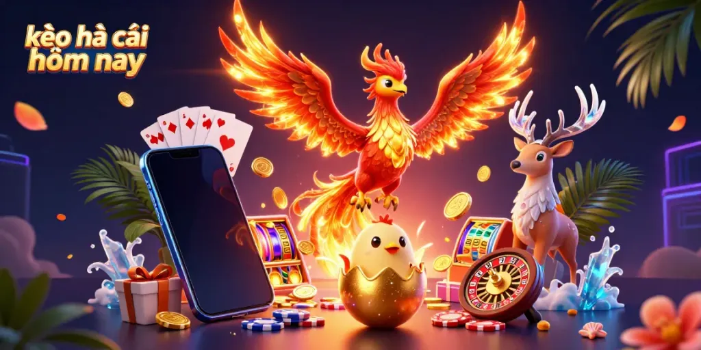 Engage with kèo nhà cái hôm nay in this vibrant 3D illustration featuring a fire phoenix, baby phoenix, and stag.