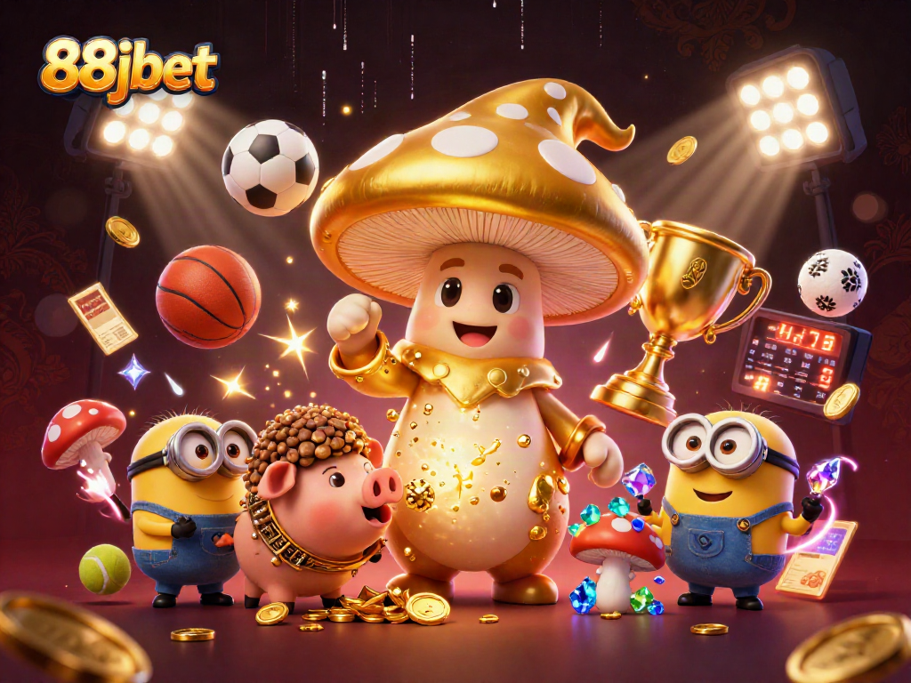 Experience thrilling action with 88jbet's dynamic gaming scene highlighting sports, treasures, and magical elements.