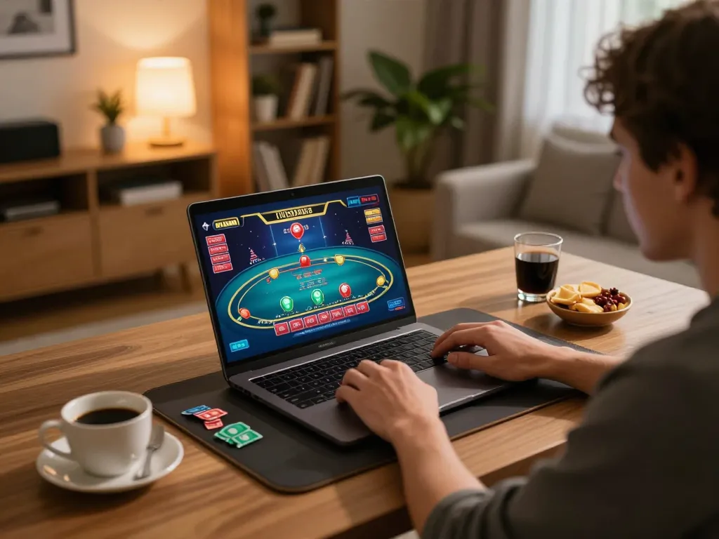 Player exploring online casino features on god55vn laptop in a cozy gaming environment