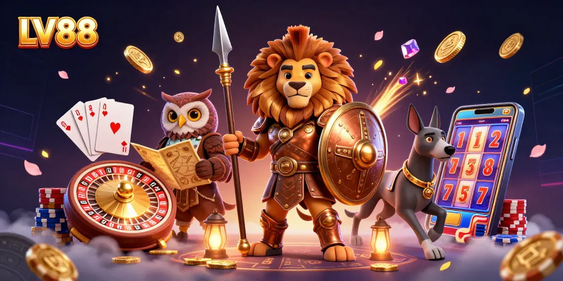 Experience excitement with LV88 - a lively 3D casino scene with royal flush cards and cascading golden coins.