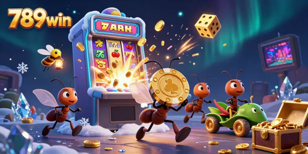 Join the 789win heist with ants and vibrant casino elements in this dynamic illustration.