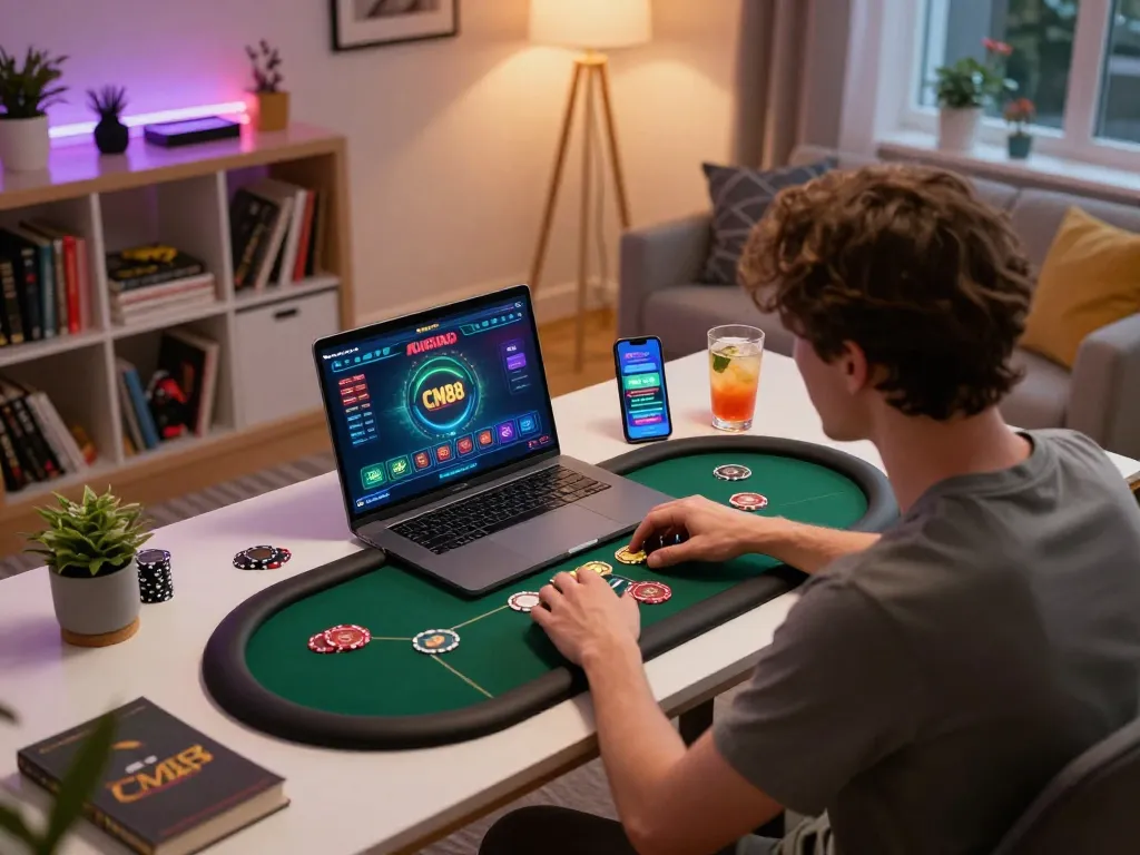 Player using CM88 online poker interface, engaged in strategic gameplay at home setting